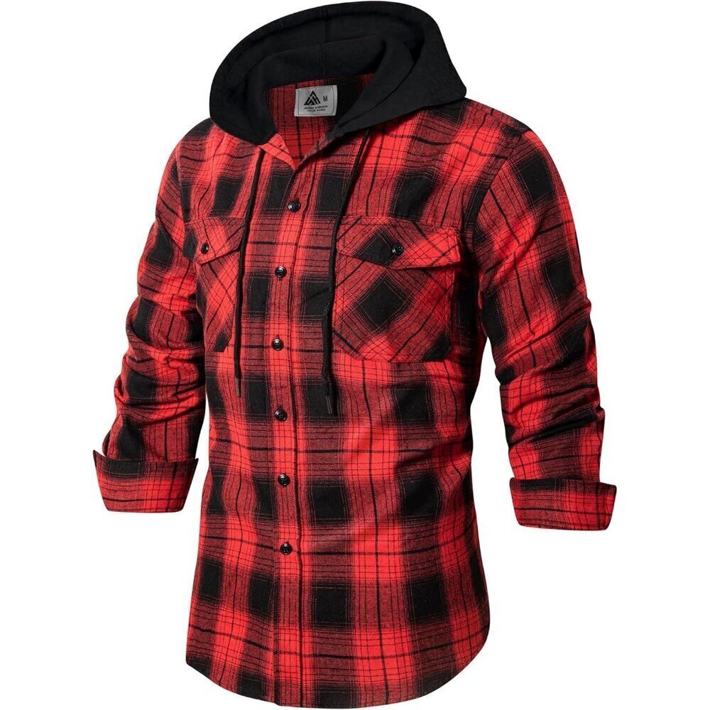 Men's Flannel Shirt Plaid Hoodie Stylish Long Sleeve Fall Casual Button Down Wes